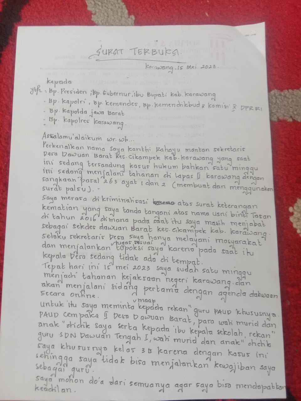 Merasa Dikriminalisasi, Kanthi Rahayu Tulis Surat Terbuka Ke Presiden Jokowi